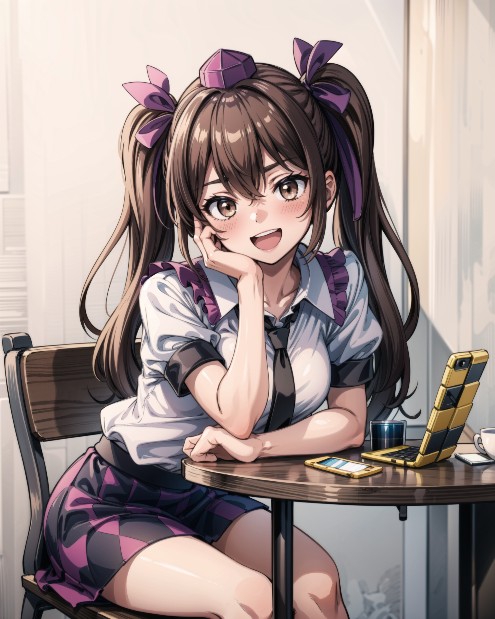 00597-808855534-, 1girl, solo, himekaidou hatate, hat, skirt, brown hair, shirt, holding, twintails, crossed legs, short sleeves, sitting, open.png